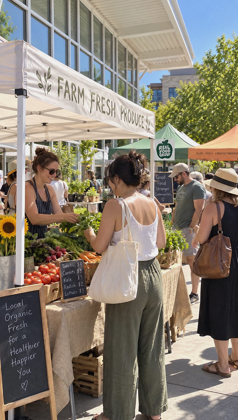 Shoppers buying fresh produce at a Real Food Group farmers market stand