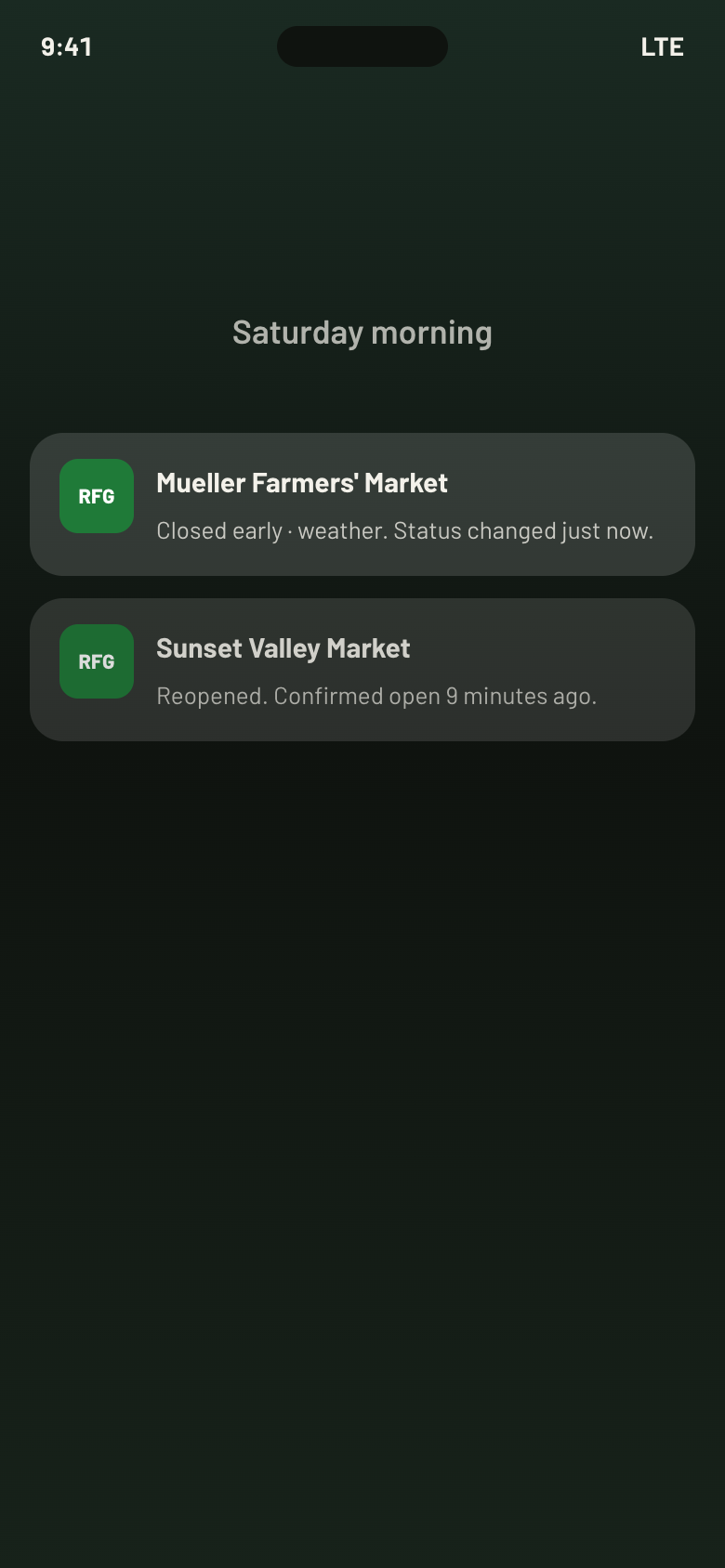 iPhone lock screen with RFG alerts for an early weather close and a market reopening