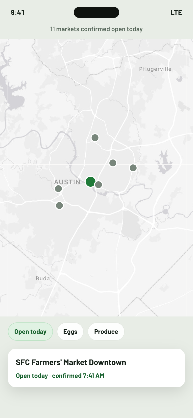 iPhone map filtered to Austin markets confirmed open today, with SFC Downtown selected