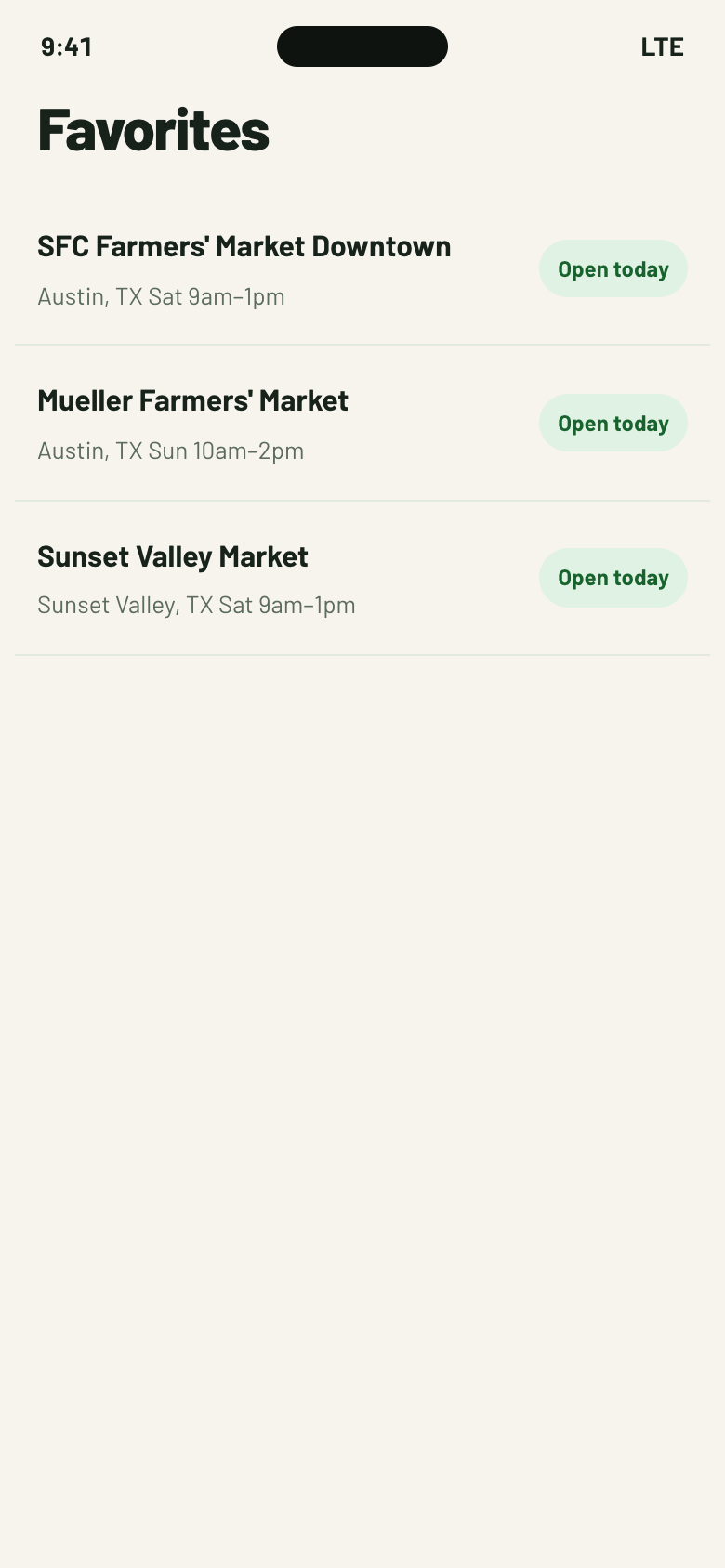 iPhone Favorites list showing three saved Austin markets, each marked open today